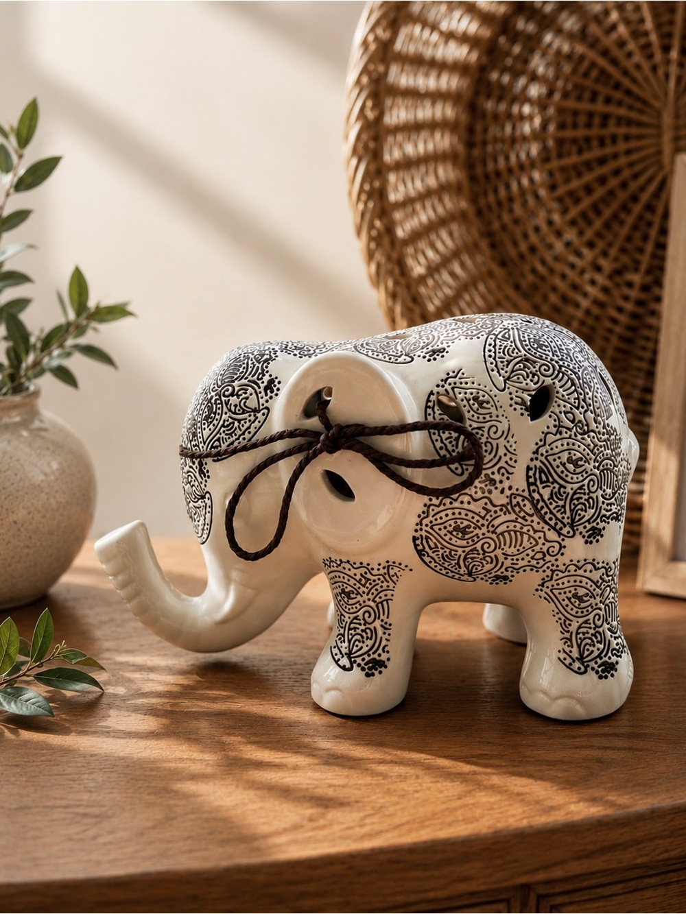 Hand-Painted White Ceramic Elephant Figurine with Black Paisley Accents